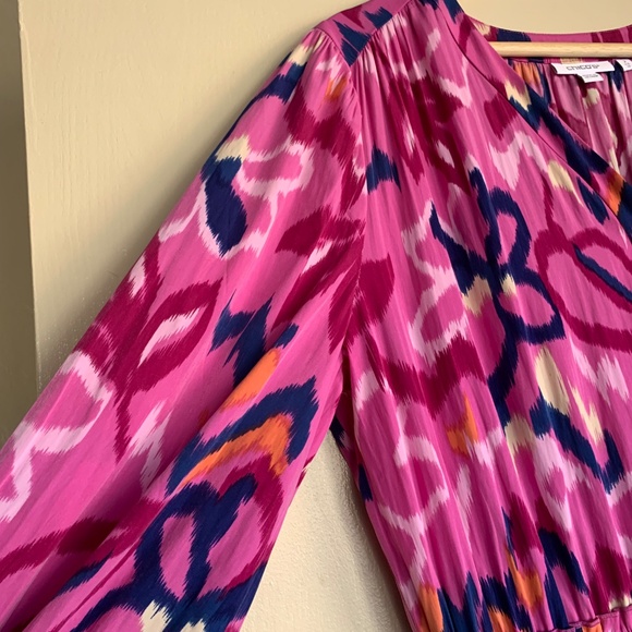 Chico's Pink Artsy Print Tiered Maxi Dress Sz.2 or 12 V- neck LS Lined Colorful - Picture 6 of 13